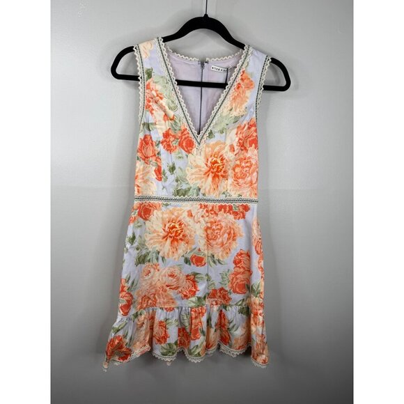 NWT Alice + Olivia Kirean Floral Mini Dress Garden Lace Trim Size 6 Orange Green - Picture 7 of 8
